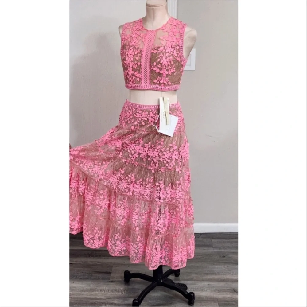 NWOT Bronx and Banco Megan lace floral pink nude two piece set top midi skirt - Picture 5 of 11